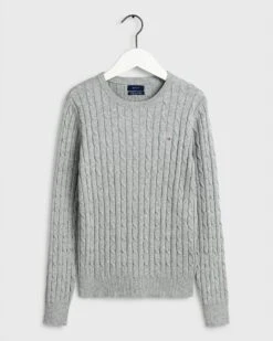 Gant Naisten Neule, Cable Knit O-Neck Vaaleanharmaa