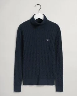 Gant Naisten Pooloneule, Stretch Cotton Cable Turtle Neck Tummansininen