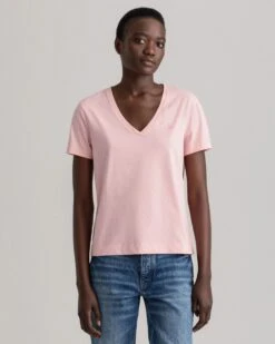 Gant Naisten T-paita ORIGINAL V-NECK SS T-SHIRT Vaaleanpunainen