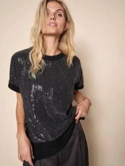 Mos Mosh Naisten Neulottu T-Paita THORA SEQUIN SLIPOVER Musta