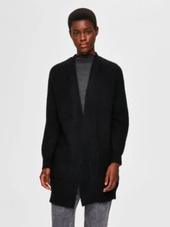 Selected Femme Naisten Neuletakki, SLFLulu LS Knit Long Cardigan NOOS Musta