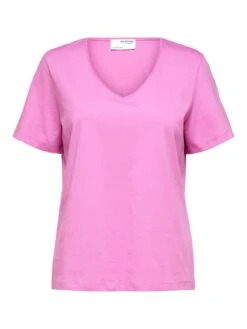 Selected Femme Naisten T-paita SLFESSENTIAL SS V-NECK TEE NOOS Pinkki