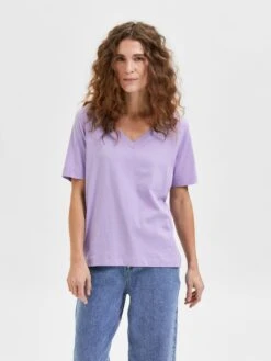 Selected Femme Naisten T-paita SLFSTANDARD SS V-NECK TEE Liila