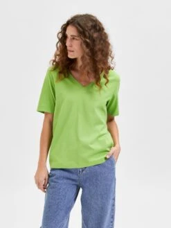 Selected Femme Naisten T-paita SLFSTANDARD SS V-NECK TEE Ruohonvihreä
