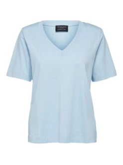 Selected Femme Naisten T-paita, SLFSTANDARD SS V-NECK TEE Vaaleansininen