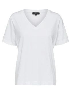 Selected Femme Naisten T-paita, SLFSTANDARD SS V-NECK TEE Valkoinen