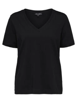 Selected Femme Naisten T-paita, SLFSTANDARD SS V-NECK TEE Musta -Kekäle selected femme t paita slfstandard ss v neck tee musta 3